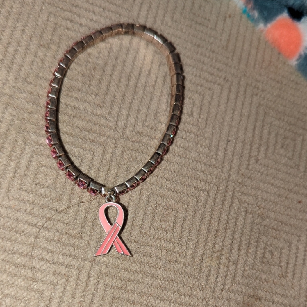 Breast Cancer Awareness Pink Ribbon & Rhinestone Charm Bracelet